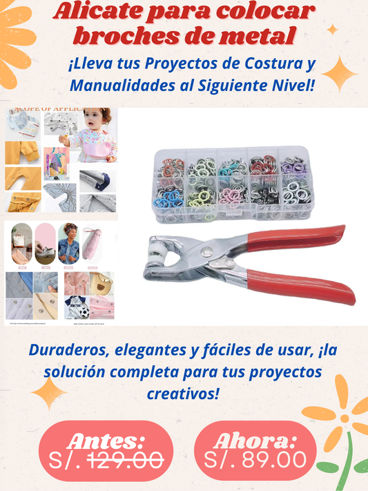 Alicate para colocar broches de metal.